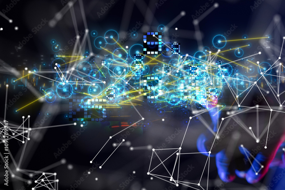Poster neural network 3d illustration. big data and cybersecurity