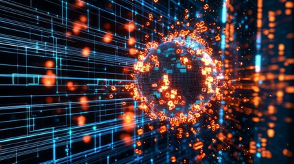 Obraz premium Cybersecurity Threats Unleashed: 3D Render of Firewall Breach with Explosive Light Bursts on Dark Background