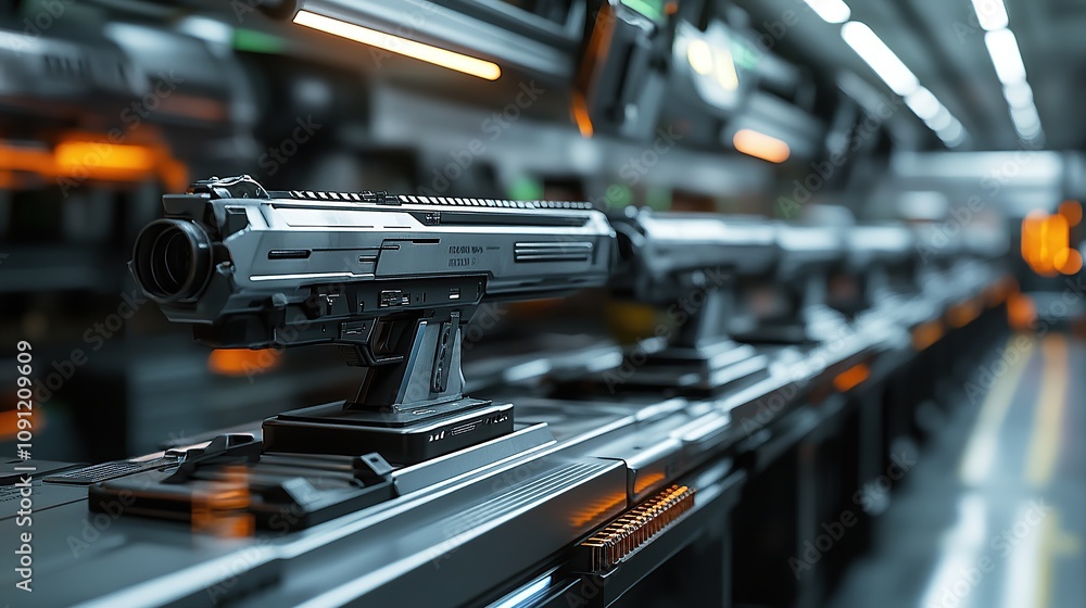 Poster a row of futuristic handguns displayed on stands in a high-tech environment.