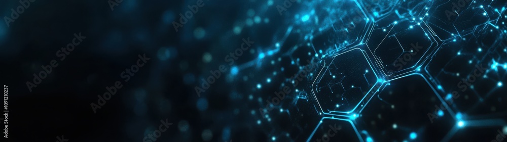 Poster abstract futuristic digital background featuring glowing hexagons on a dark surface, illustrating te