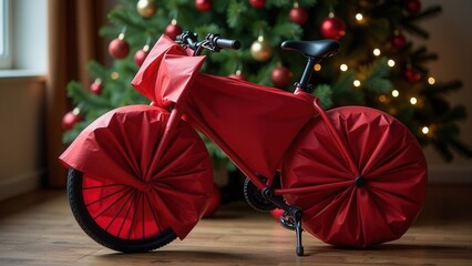 bicycle in red gift wrapping on the background of a Christmas tree