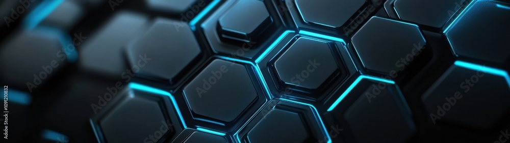 Poster abstract geometric pattern with blue neon glow on dark hexagonal background for tech, design, and di