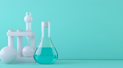 A serene lab scene featuring a blue liquid in a glass flask alongside lab equipment on a turquoise background, emphasizing a clean, modern scientific aesthetic.