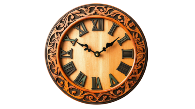 Vintage wooden wall clock with intricate design and Roman numerals, white isolate background.