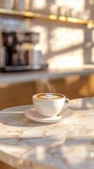 Fototapeta premium Savoring a cup of espresso with latte art in a modern cafe urban setting beverage photography relaxed atmosphere