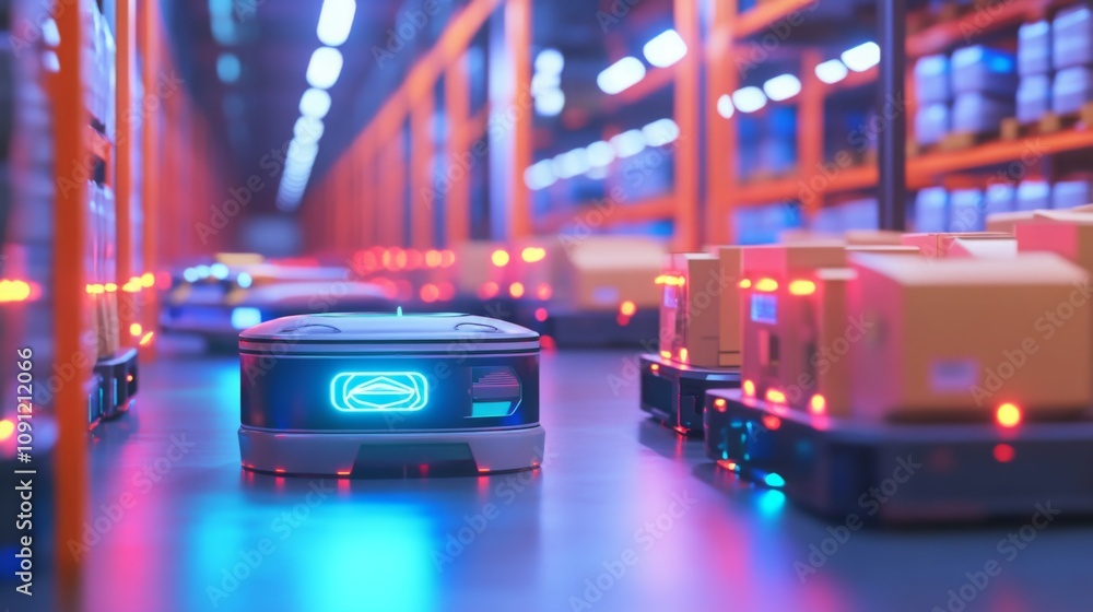 Poster in a spacious warehouse filled with shelves of packages, automated robots navigate efficiently among