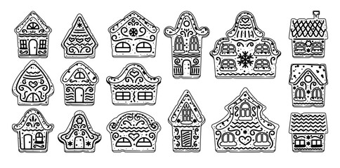 Christmas gingerbread houses homemade cookies black-and-white design isolated xmas sweets set