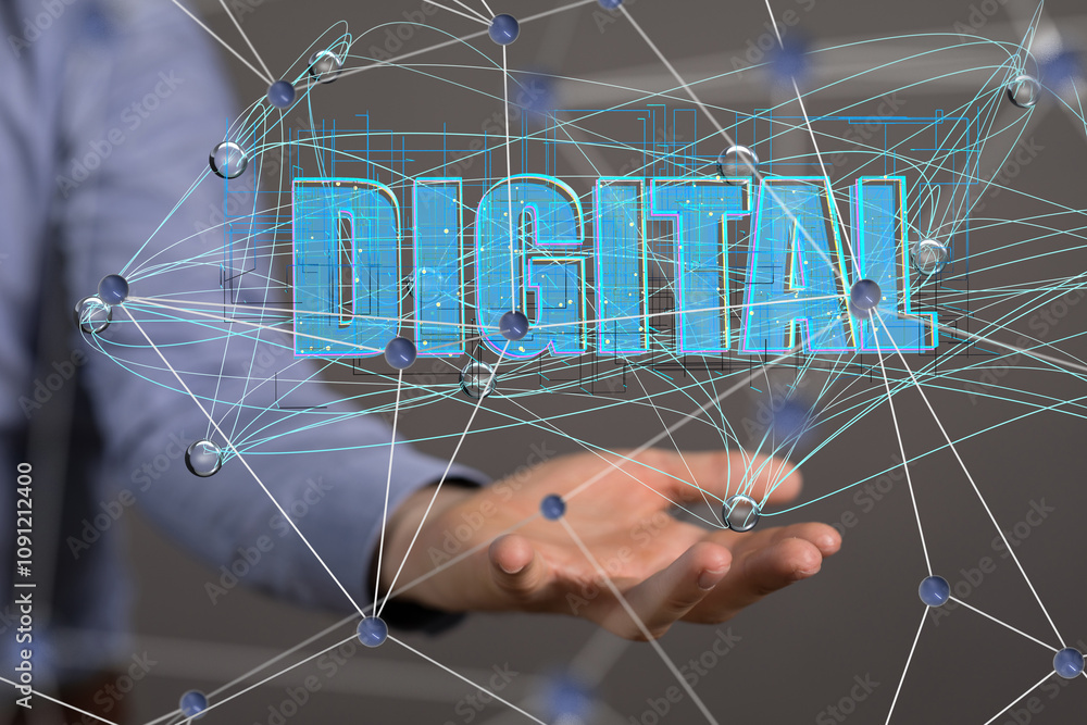 Poster Big data and artificial intelligence concept. Machine learning and cyber mind domination