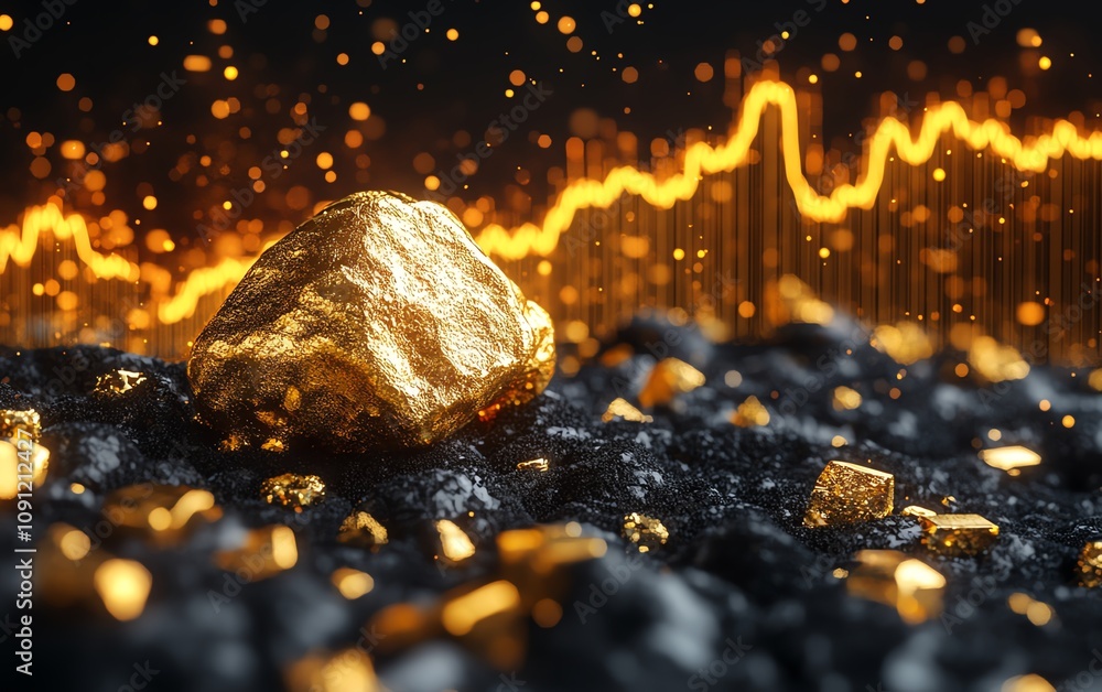 Poster a gold nugget shining with a rising graph line behind it, illustrating the increasing value of gold 
