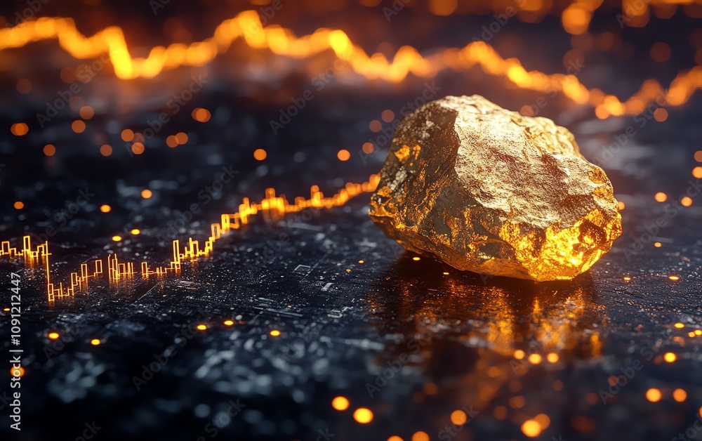 Poster a gold nugget shining with a rising graph line behind it, illustrating the increasing value of gold 