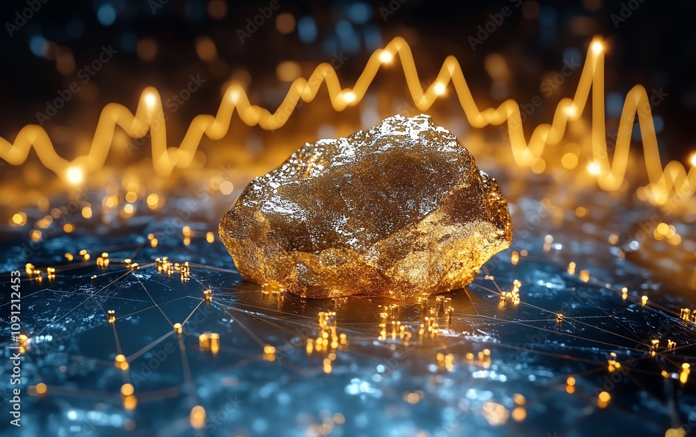 Poster a gold nugget shining with a rising graph line behind it, illustrating the increasing value of gold 