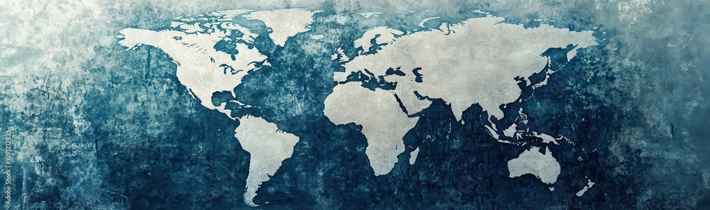 Poster abstract representation of a world map in a textured blue and white design, conveying global connect
