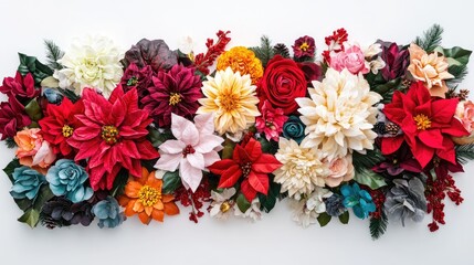Obraz premium A vibrant arrangement of artificial flowers designed for Christmas, showcased on a white background.