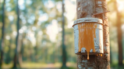 rubber natural tires concept, A metal bucket attached to a tree, collecting amber-colored sap in a sunlit forest, showcasing nature's beauty and the process of sap extraction.