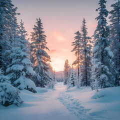 Obraz premium Snowy Forest Path at Sunset with Pink Sky and Fir Trees