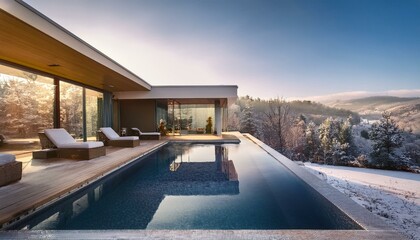 Fototapeta premium Modern Luxury Villa with Infinity Pool and Scenic Views Big Natur garden Forset at the background Winter