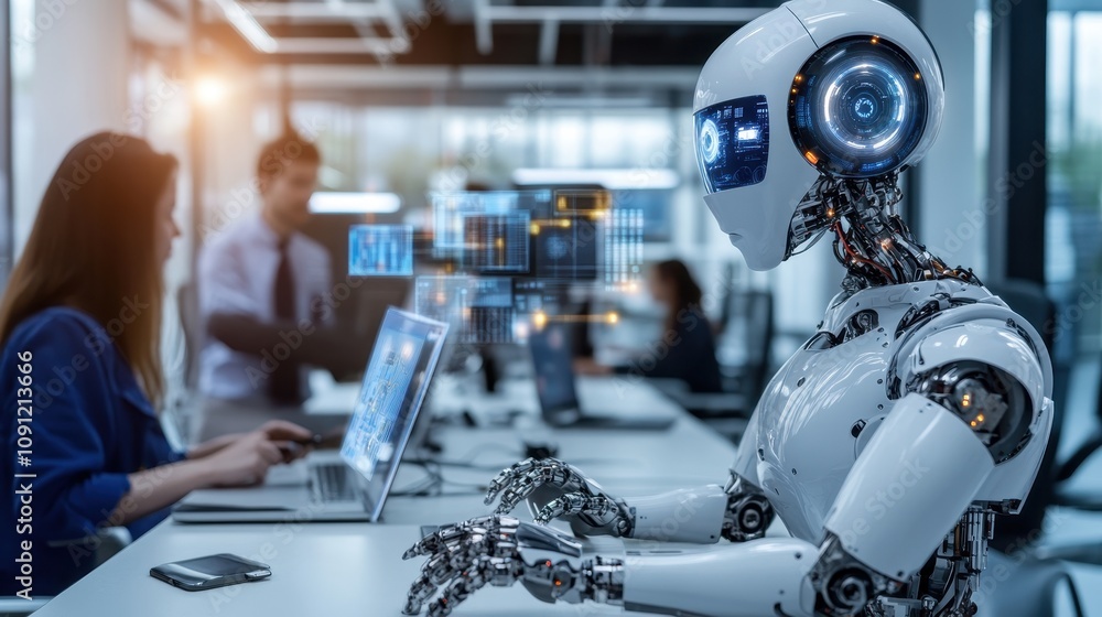 Poster a robot is sitting at a desk in front of a computer
