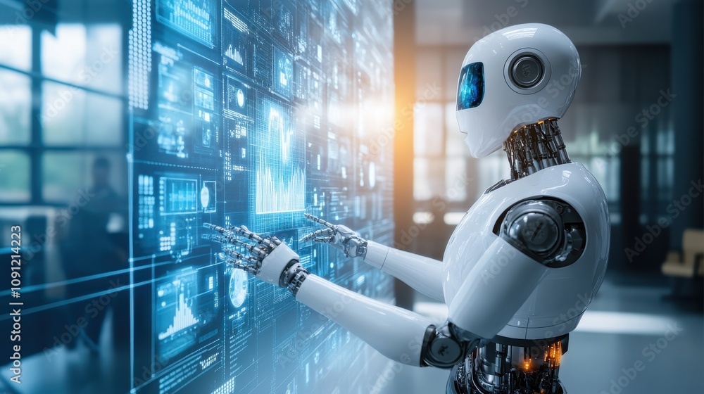 Poster a robot is shown on a computer screen, with its hands on the screen