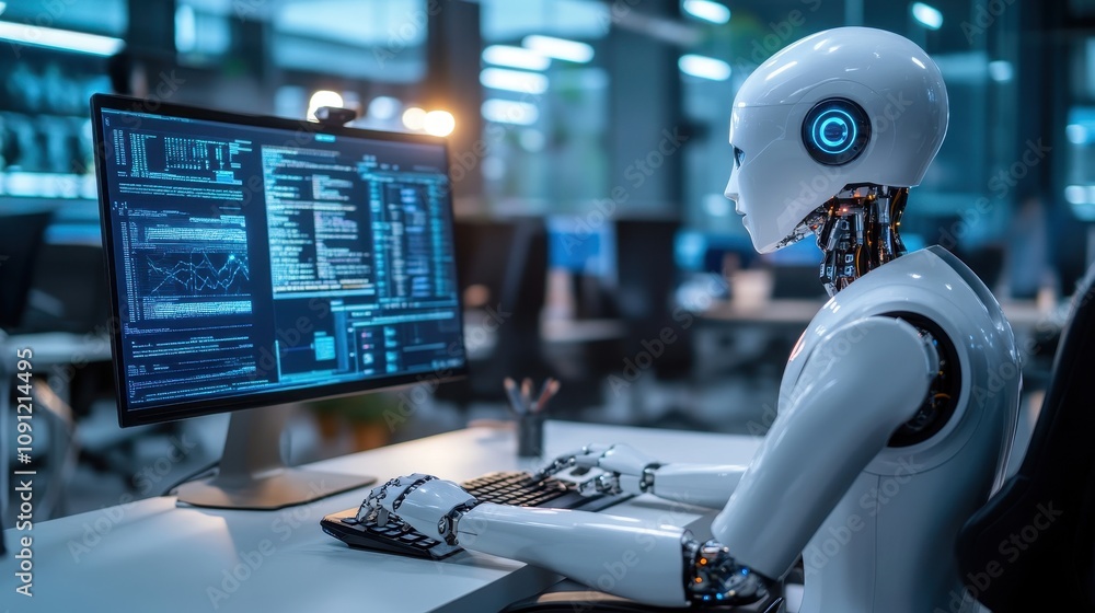 Poster a robot is sitting at a computer desk and typing on a keyboard