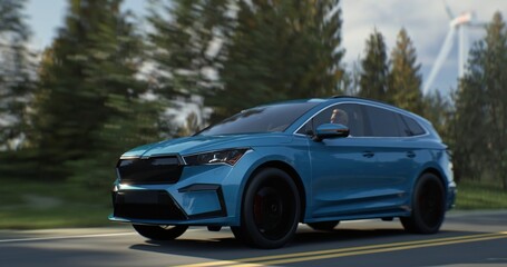 electric car drives along a road through green forest