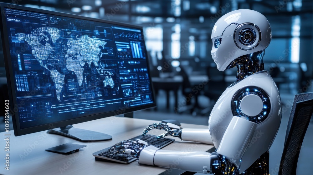 Aufkleber a robot is sitting at a computer desk and typing on a keyboard