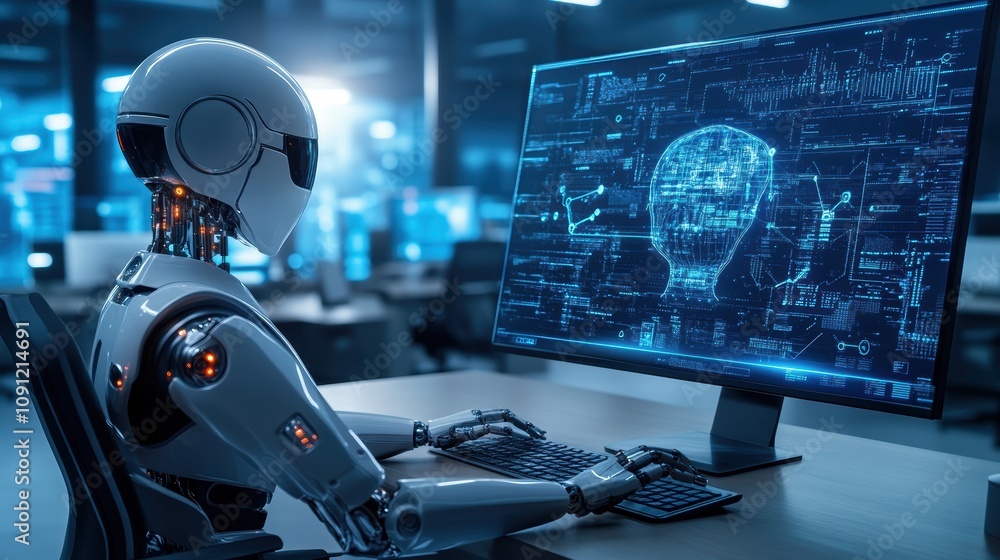 Poster a robot is sitting at a computer desk and typing on a keyboard