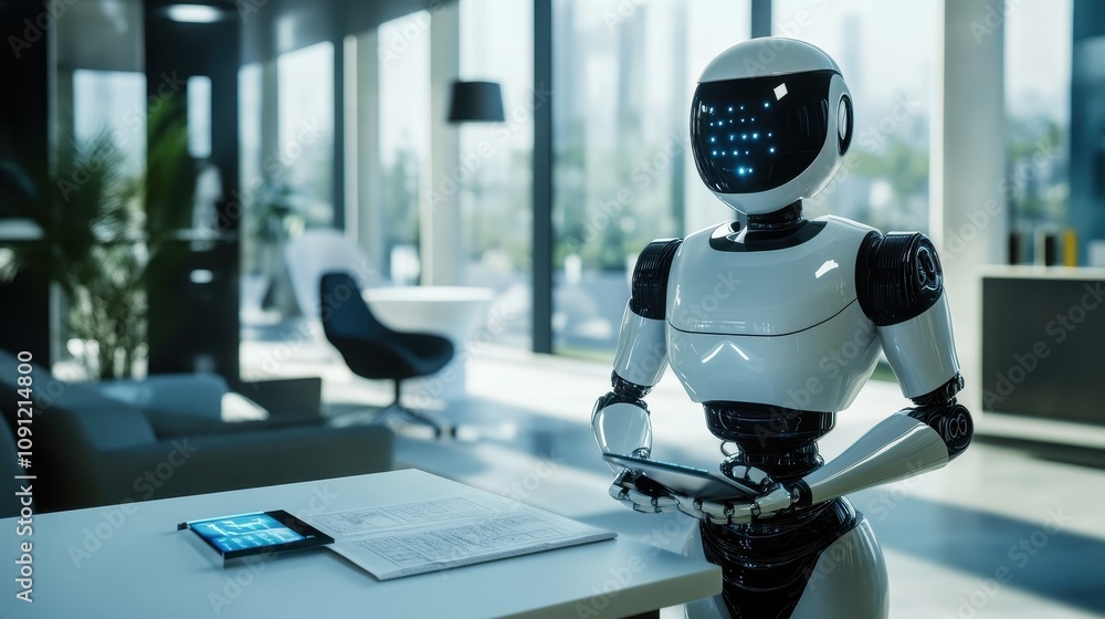 Poster a robot is standing in front of a desk with a tablet in its hand