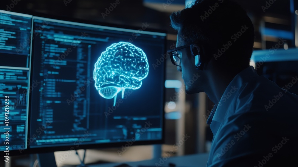 Poster A focused individual is analyzing complex data related to artificial intelligence and brain simulation.