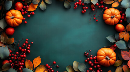 Fototapeta premium Fall Harvest Pumpkins Berries and Autumn Leaves on Green Background