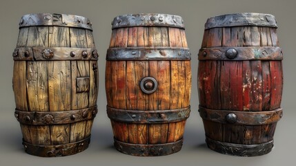 Obraz premium Crafted wooden barrels showcasing intricate textures and colors in a rustic arrangement for artistic appreciation. Generative AI