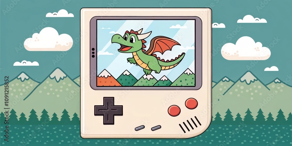 Poster adventurous dragon a small pixelated dragon happily flies across the screen of a retro handheld devi