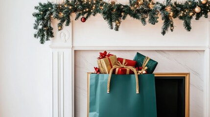 Festive Holiday Scene Featuring a Green Bag Filled with Colorful Gifts Under a Decorated Mantelpiece with Christmas Garland and Lights