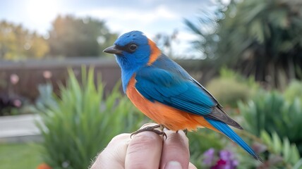 Naklejka premium Colorful bird of paradise on hand 