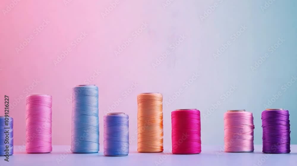 Poster colorful spools of thread arranged in a gradient pattern on a pastel backdrop during daylight hours