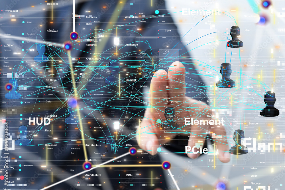 Poster Global network. Blockchain. 3D illustration. Neural networks and artificial intelligence. Abstract