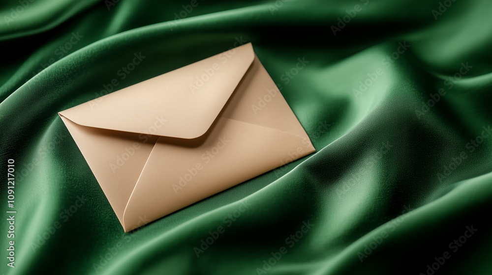 Poster elegant envelope placed on a smooth green fabric background in a studio setting. a studio setting hi
