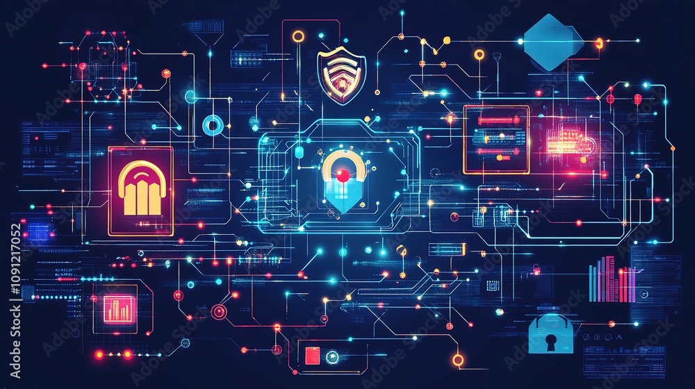Poster futuristic cyber security and networking concept with digital protection symbols and connections rep