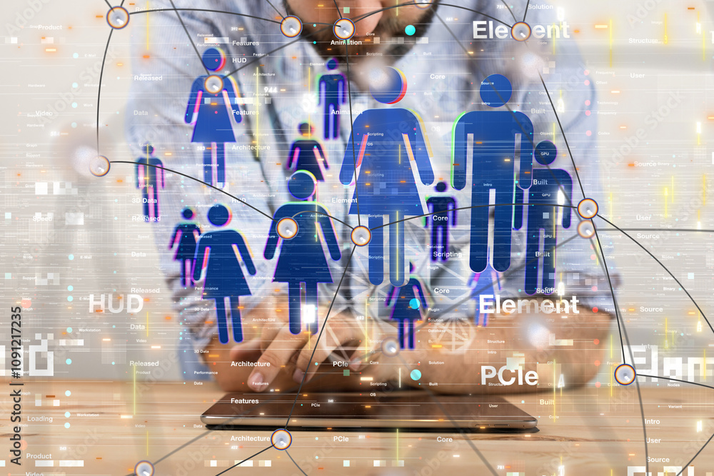 Poster Global network. Blockchain. 3D illustration. Neural networks and artificial intelligence. Abstract