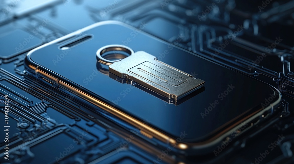 Poster a smartphone with a metallic key symbolizing digital security and protection.