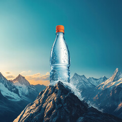 Plastic bottle with orange cap on rocky mountain peak