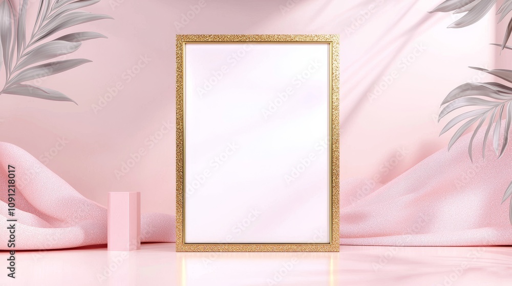 Poster Elegant gold frame with blank canvas modern studio digital art showcase bright minimalist environment front view art and design