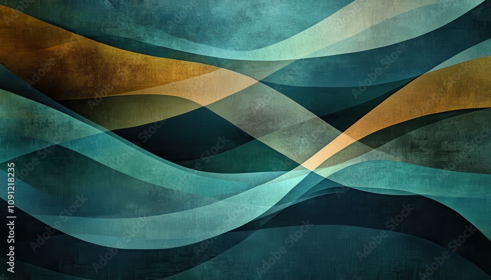 Poster abstract wavy shapes in calming colors, creating a serene atmosphere with layers of blues, greens, a