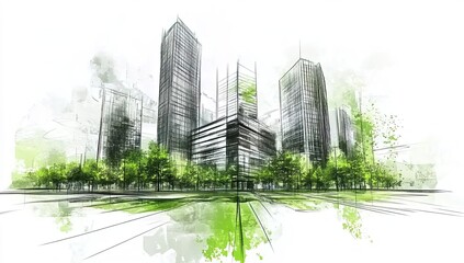 Fototapeta premium A sketch of modern office buildings with green spaces and energy-efficient features, set against an urban landscape.