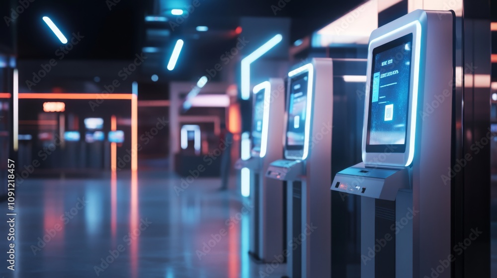 Poster in a sleek and modern space, self-service kiosks with vibrant glowing screens line the walls, provid