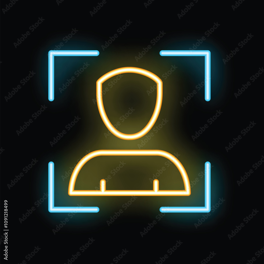 Poster neon icon of a face recognition software scanning a user's face