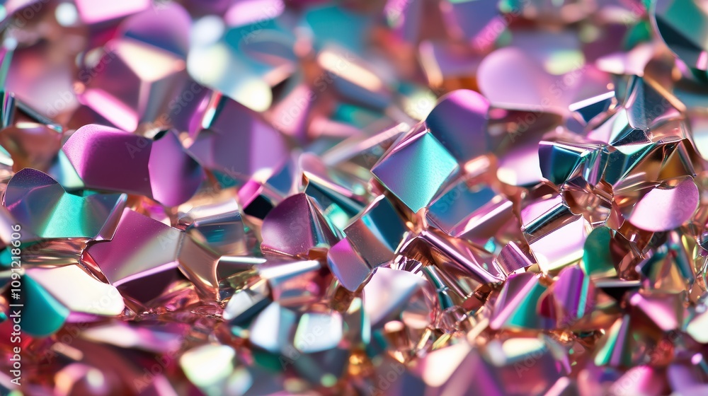 Poster Colorful crystal fragments create a vibrant abstract texture background. Shimmering crystal pieces reflect a spectrum of colors, creating a mesmerizing abstract backdrop design.