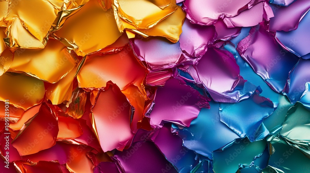Poster colorful abstract pattern background of crumpled foil in vibrant shades. brightly colored crumpled f