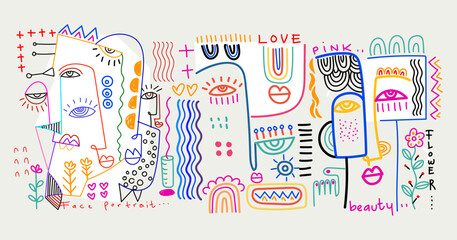 Obraz premium Abstract doodle face portrait people line art outline colorful hand drawn vector illustration. Artistic art design for cover, decoration, poster, cards, wall art, print and background.