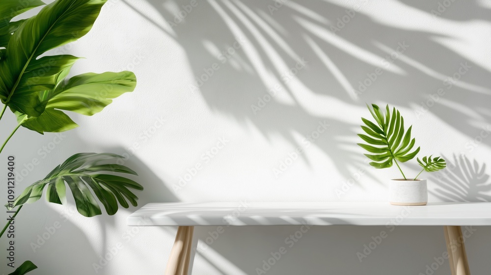 Poster Elegant display of green plants casting shadows on a white wall with empty space. Tropical plants sit on a white table creating interesting shadows.