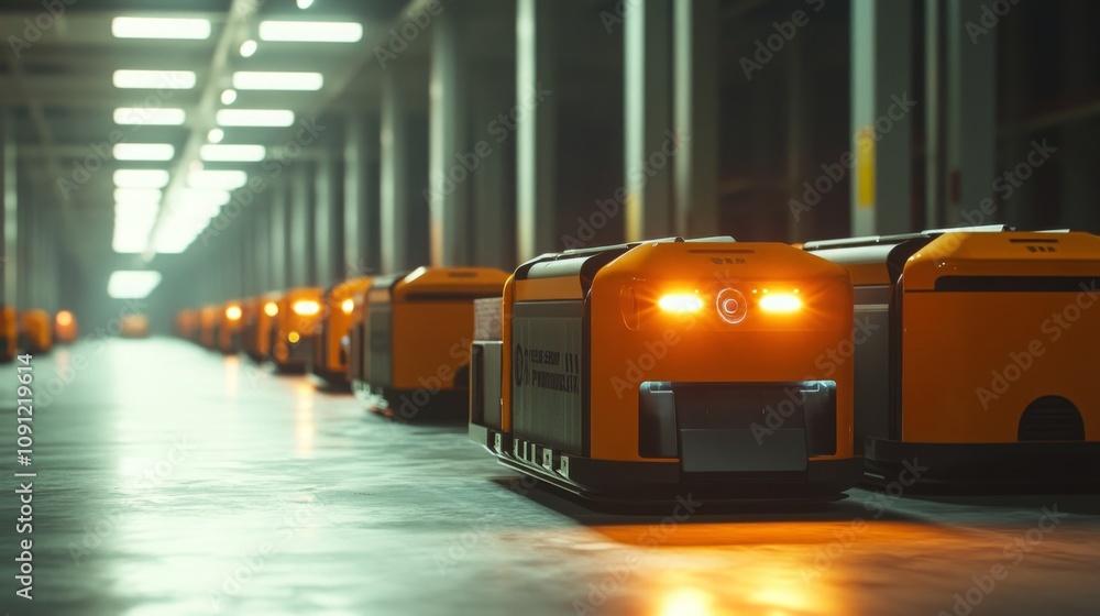 Poster delivery robots move efficiently through a well-lit warehouse, showcasing advanced technology in aut